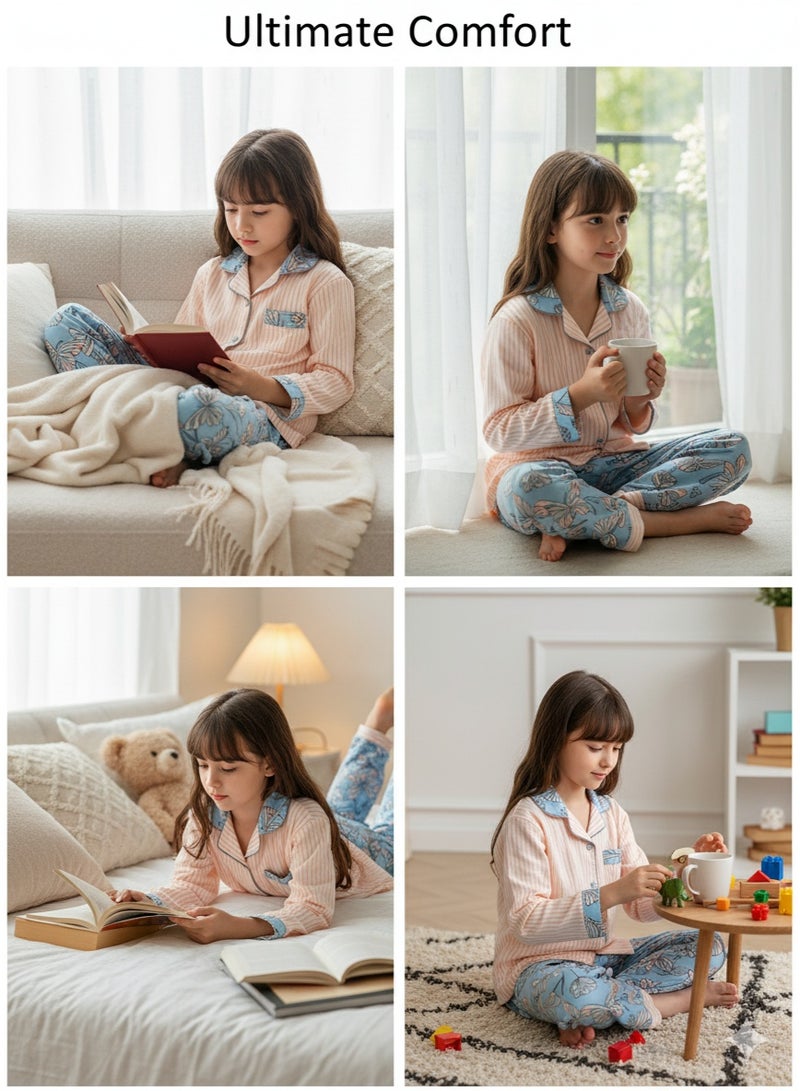 Joanna Girls Cotton Night Suit Set, Solid Plain Full Sleeve Top and Pajama, Soft Comfortable Kids Nightwear Sleepwear - Image 3